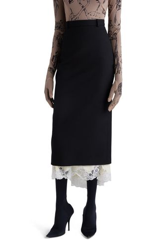 Lingerie Lace Wool Gabardine & Jersey Midi Skirt