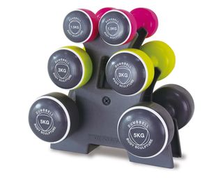 Best dumbbell: image of colourful dumbbells stacked