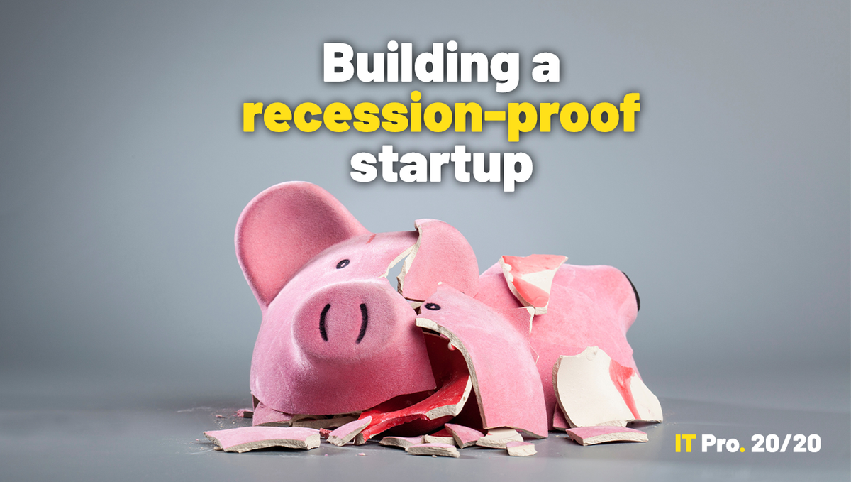 A smashed piggy bank on a grey background with the words &amp;#039;Building a recession-proof startup&amp;#039; displayed above