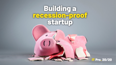 A smashed piggy bank on a grey background with the words 'Building a recession-proof startup' displayed above