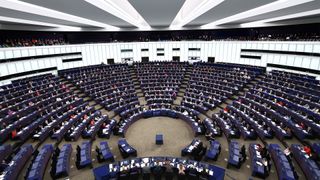 Chamber of the European Parliament in Strasbourg, which has just voted to pass the landmark EU AI Act.