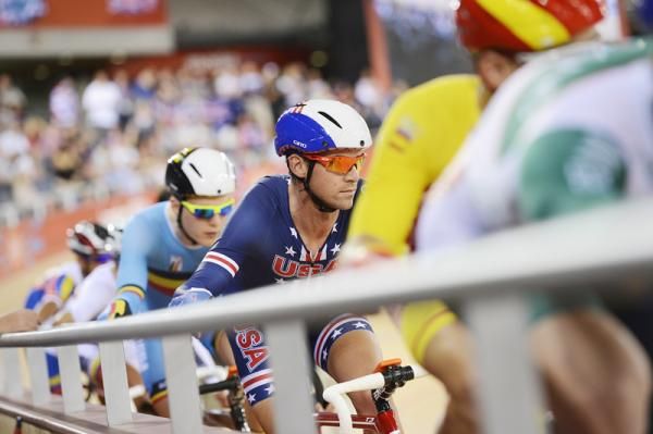 Bobby Lea (USA) awaits the start of the elimination race on the first day of omnium competition.