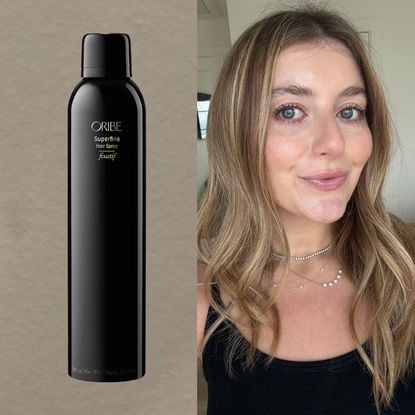 girl with dark blonde hair and blue eyes on a brown background next to hair products