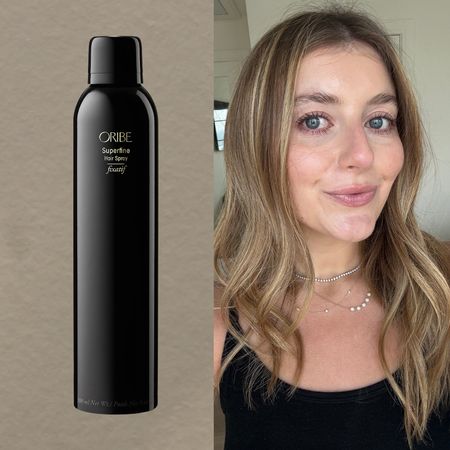 girl with dark blonde hair and blue eyes on a brown background next to hair products 
