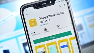 Google Keep in the Play Store displayed on a phone