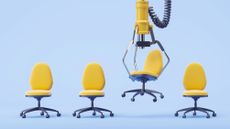 Robotic arm claw lifting up one of four yellow office chairs on blue background. 