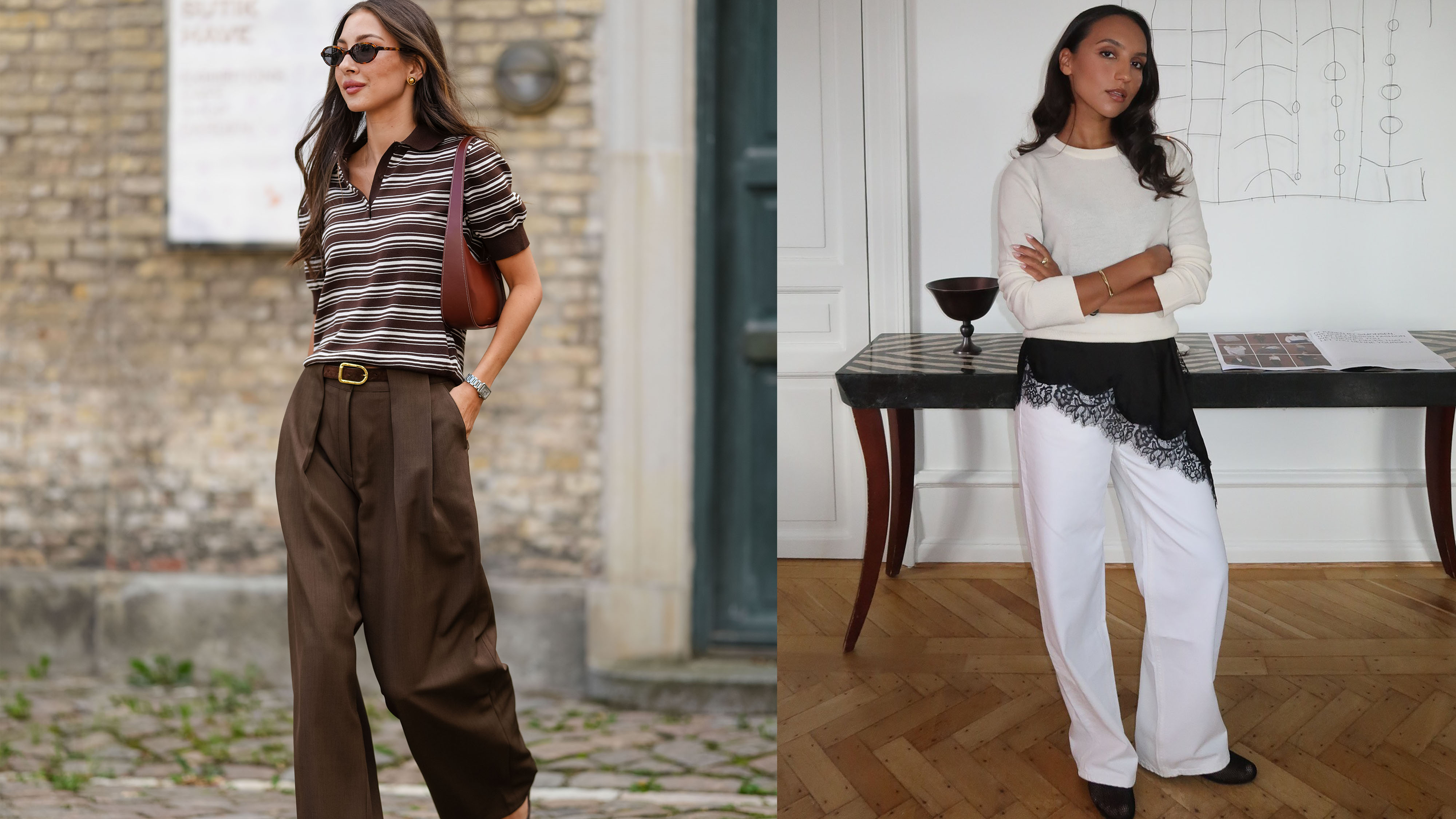 Woman in stripe polo and brown pants; woman in white sweater and jeans with brown lace trimmed dress