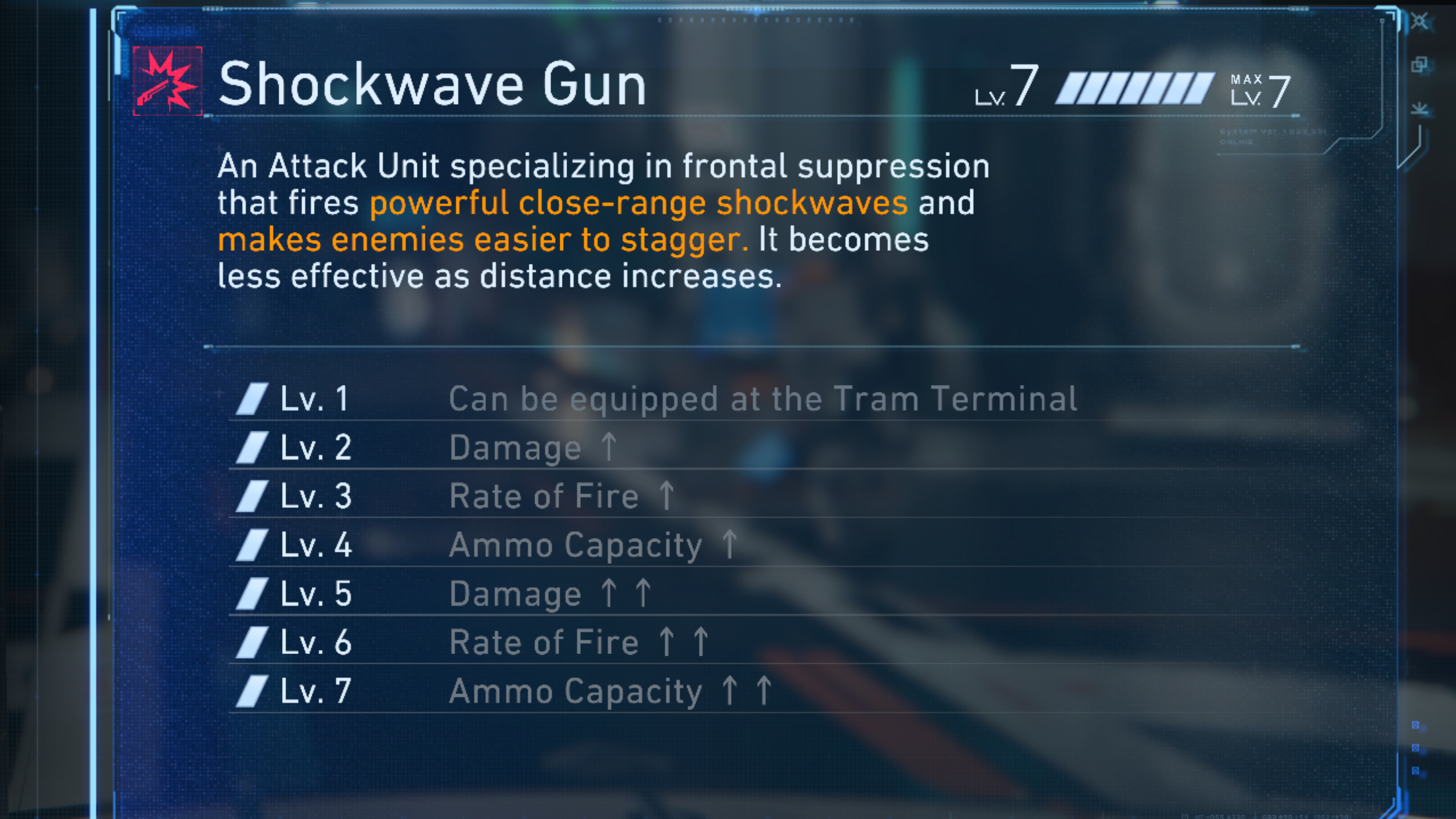 Pragmata weapons: The Shockwave Gun viewed in the upgrade screen, giving a brief description of the gun and what's improved at each level.