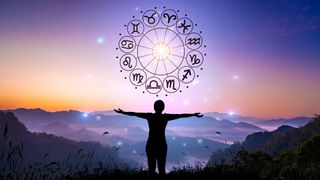 New Moon May 2022: Zodiac signs inside of horoscope circle. Astrology in the sky with many stars and moons astrology and horoscopes concept - stock photo