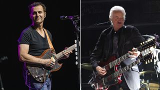 Dweezil Zappa performs on stage at The Magnolia on August 02, 2024 in El Cajon, California AND Jimmy Page performs onstage during the 38th Annual Rock & Roll Hall Of Fame Induction Ceremony at Barclays Center on November 03, 2023 in New York City