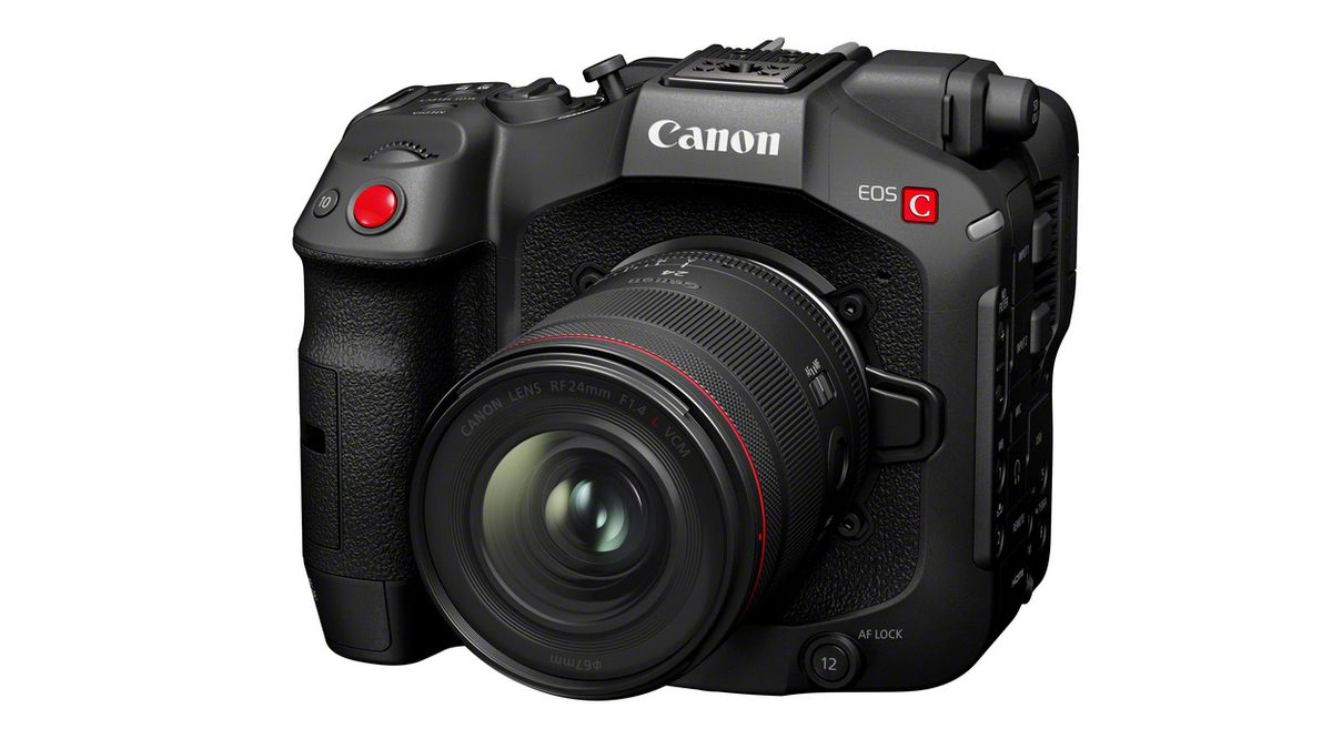 Canon RF 24mm f/1.4L VCM lens, mounted to a Cinema EOS camera, against a white background