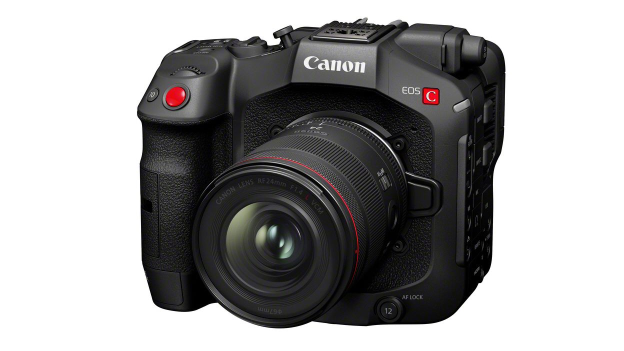 Canon RF 24mm f/1.4L VCM lens, mounted to a Cinema EOS camera, against a white background