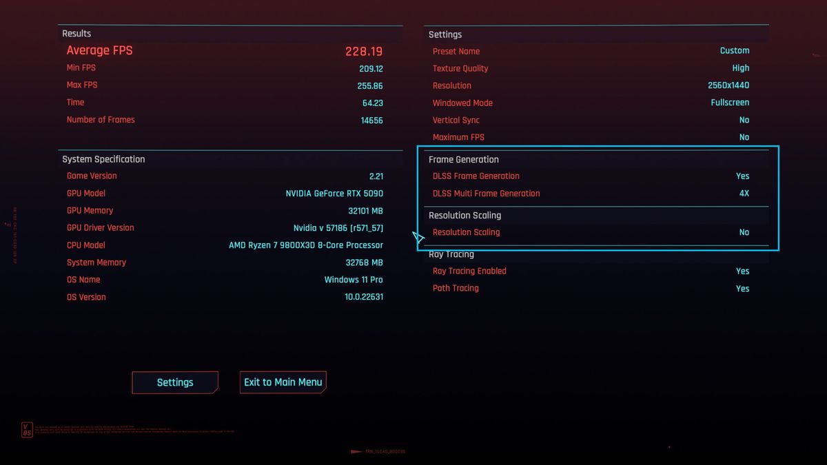 NVIDIA GeForce RTX 5090 FE running Cyberpunk with Multi-Frame Gen set to 4x