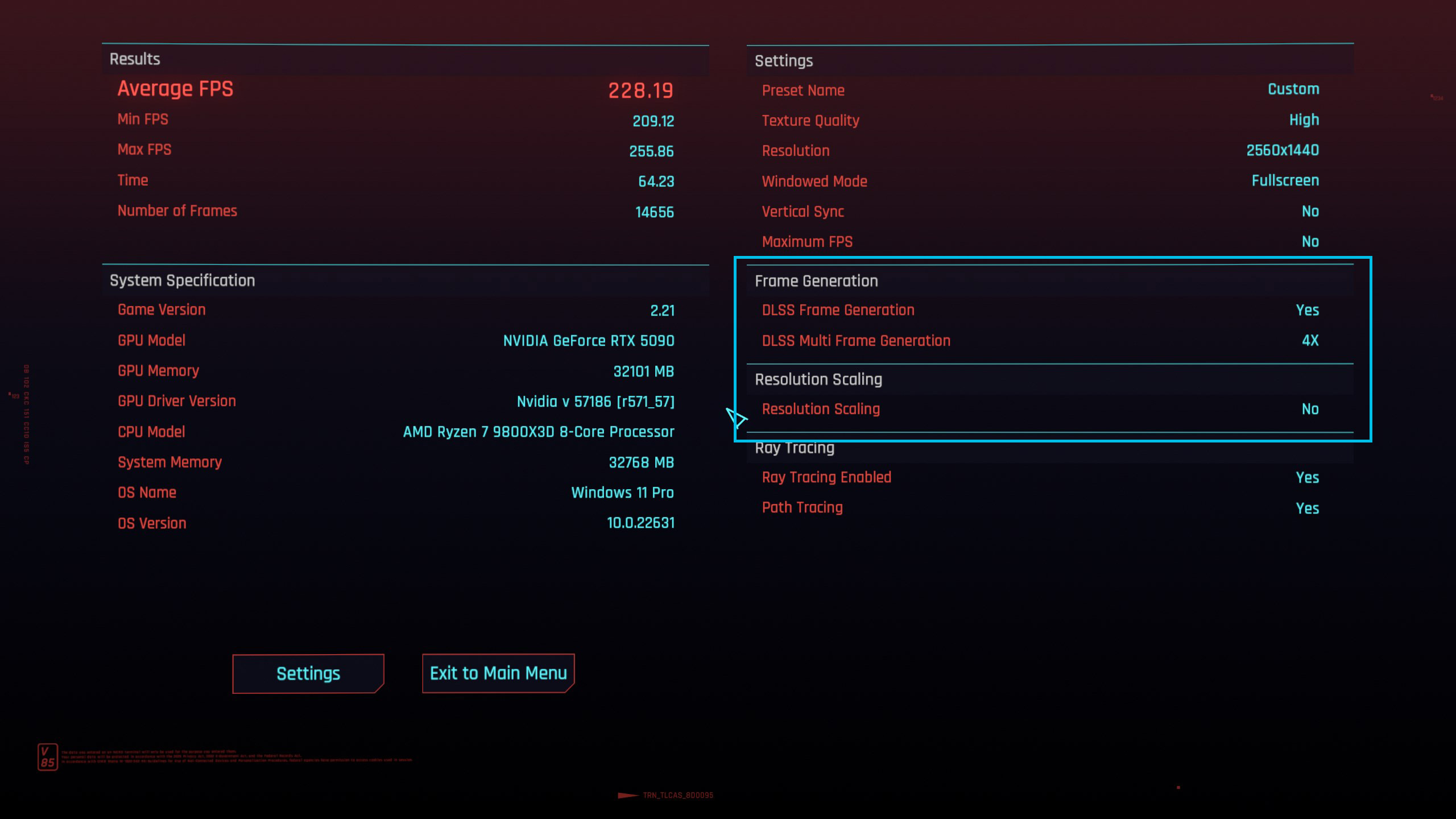 NVIDIA GeForce RTX 5090 FE running Cyberpunk with Multi-Frame Gen set to 4x