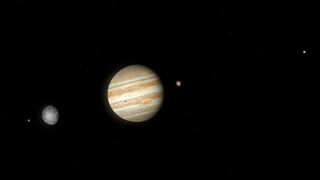 An illustration of Jupiter and its four largest moons.