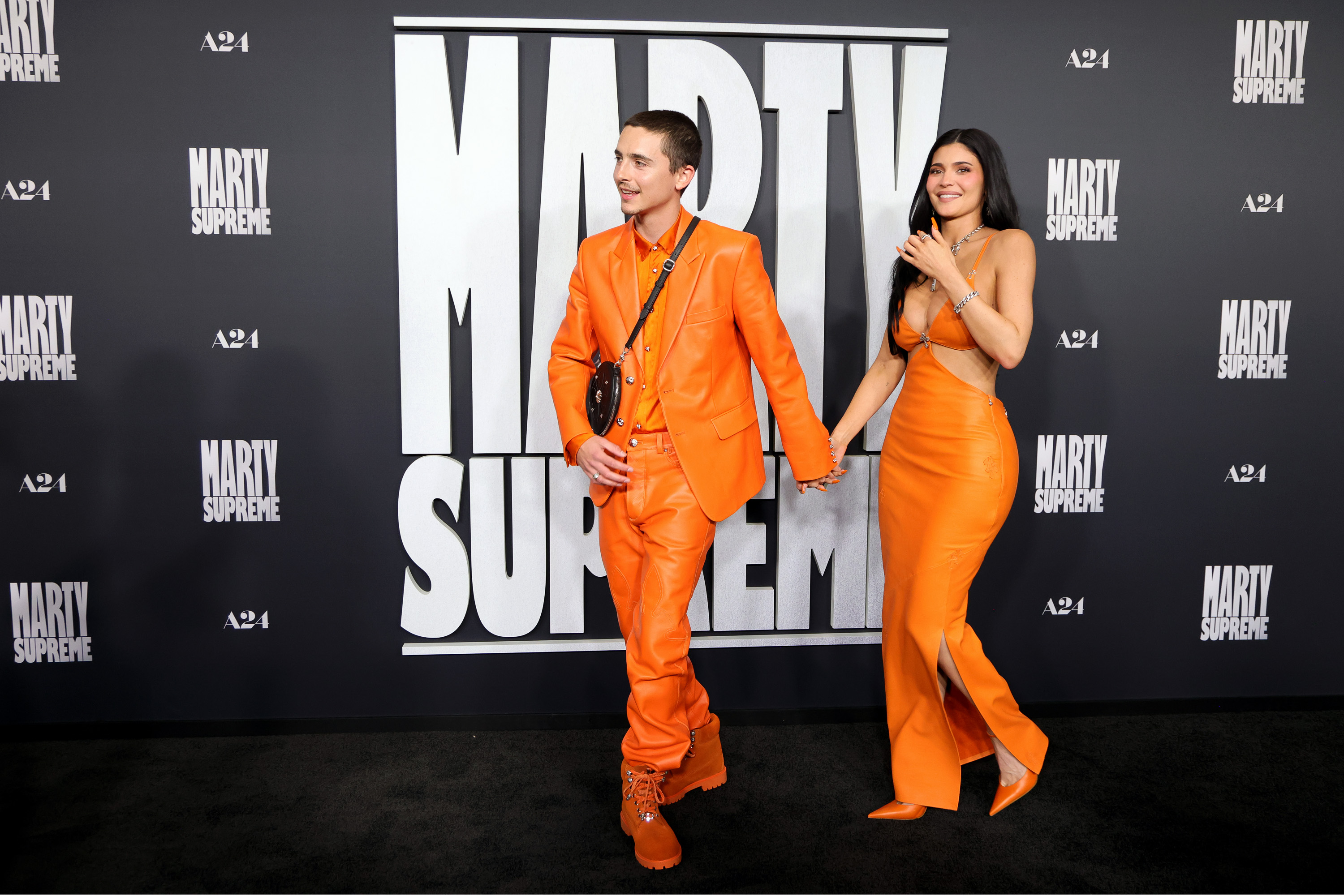 Timoth&amp;eacute;e Chalamet and Kylie Jenner walked the red carpet together at the Marty Supreme premiere in matching orange leather looks