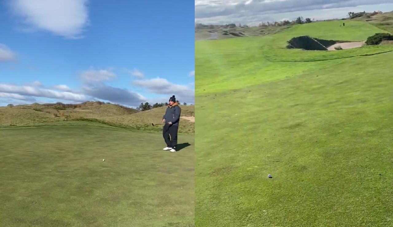 Golfers misses the putt as it rolls down the slope