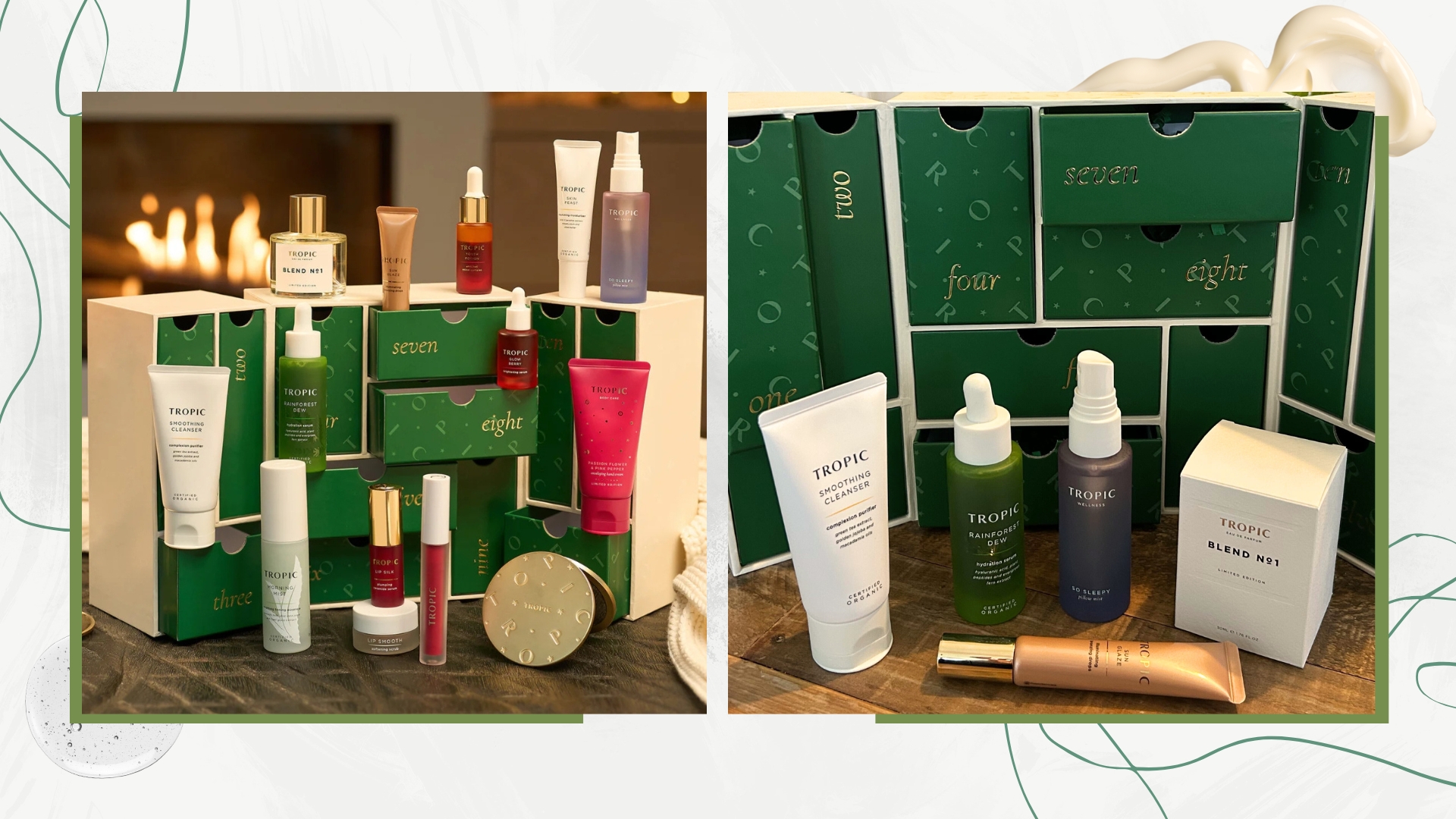 Collage of photos showing the Tropic Skincare Advent Calendar 2025 with its contents in front, on a white background with cream swatches and green swirls