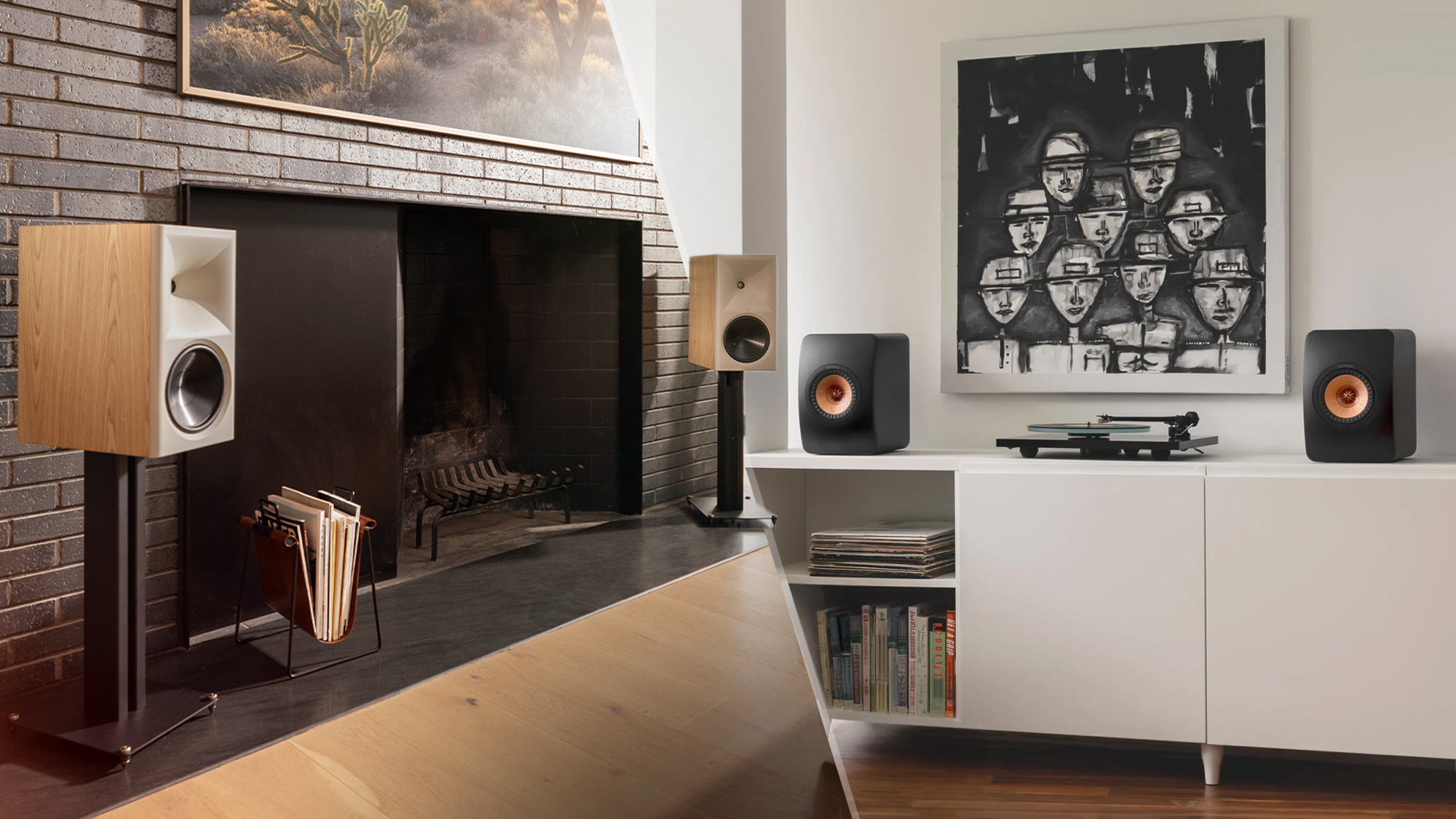 A pair of KEF and Klipsch speakers next to one another.