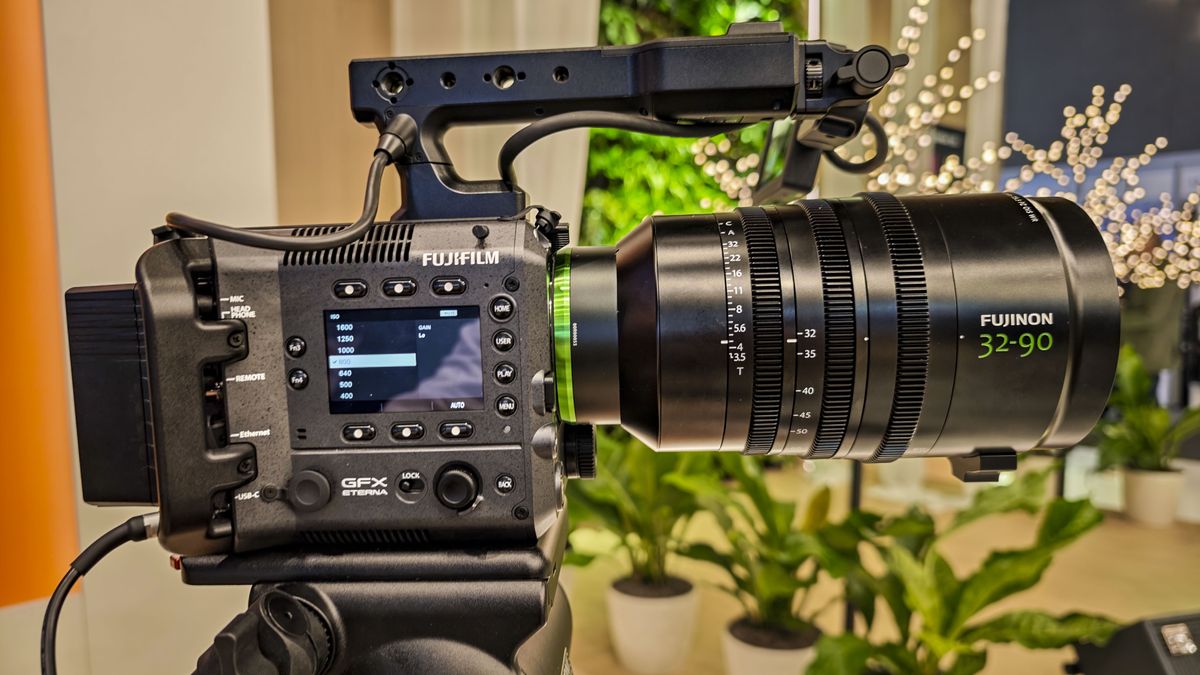 IBC 2025 show &ndash; &ndash; Fujifilm GFX Eterna 55 cinema camera on a tripod with 32-90mm T3.5 lens attached
