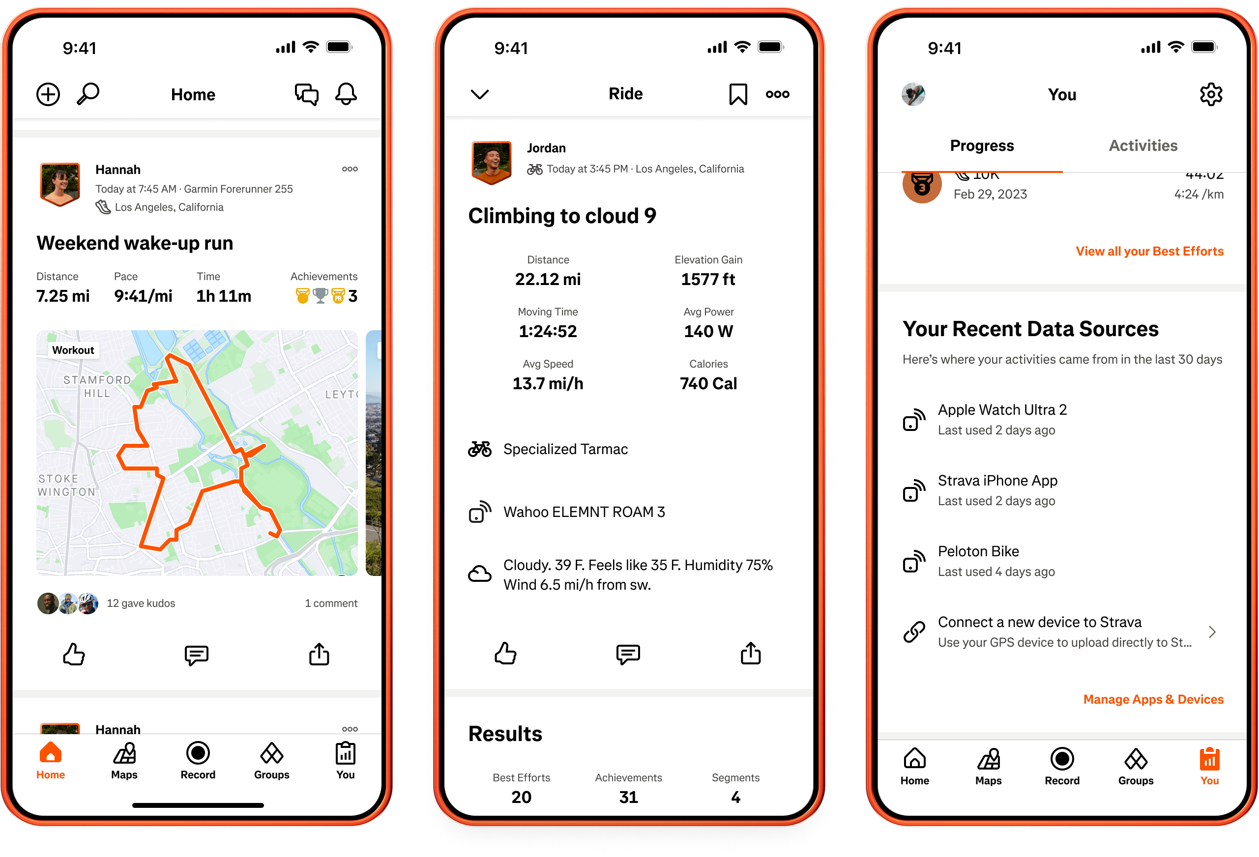 Three phone screens showing Strava, now with device attribution