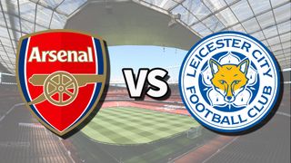 The Arsenal and Leicester City club badges on top of a photo of Emirates Stadium in London, England