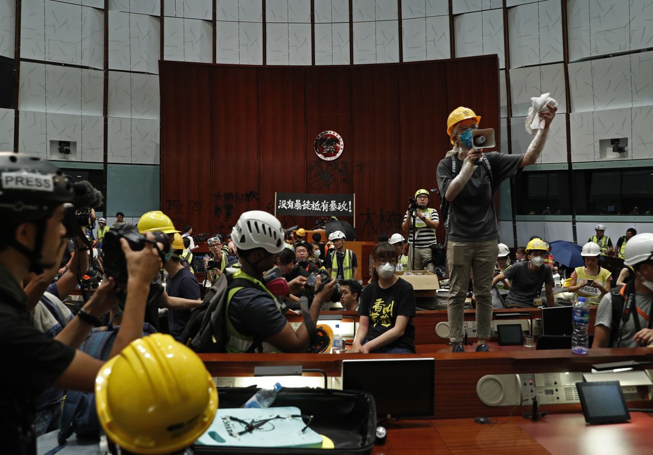 Protesters inside Hong Kong&amp;#039;s Legislative Council building.