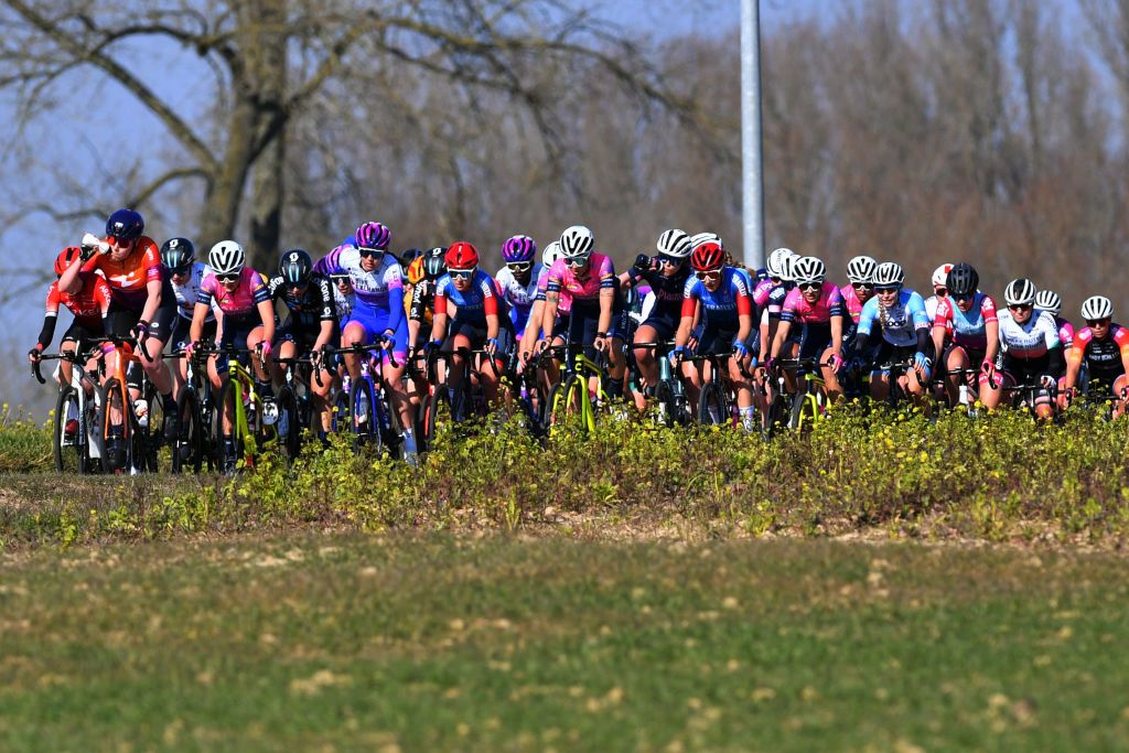OETINGEN BELGIUM MARCH 09 A general view of the peloton passing through a landscape during the 2nd GP Oetingen 2022 Womens Elite a 130km one day race from Oetingen to Oetingen gpoetingen on March 09 2022 in Oetingen Belgium Photo by Luc ClaessenGetty Images