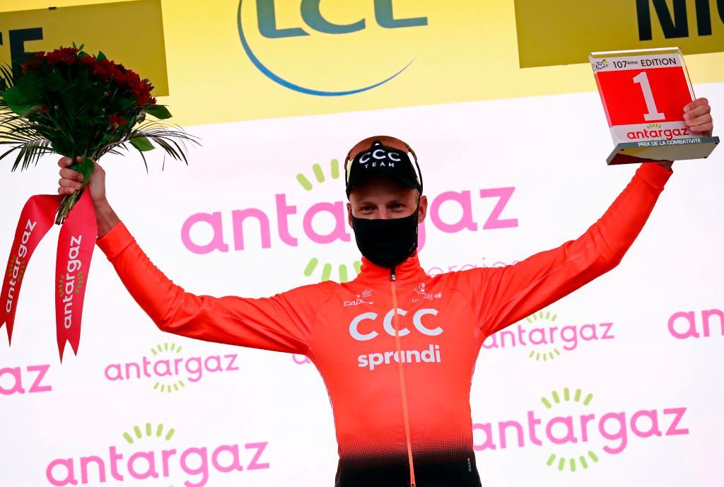 Team CCC rider Switzerlands Michael Schar celebrates his combativity prize at the end of the 1st stage of the 107th edition of the Tour de France cycling race 156 km between Nice and Nice on August 29 2020 Photo by Christophe Petit Tesson AFP Photo by CHRISTOPHE PETIT TESSONAFP via Getty Images