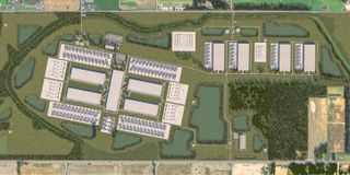 Birds-eye-view digital mockup of Meta's $10 billion data center in Richland Parish, northeast Louisiana.