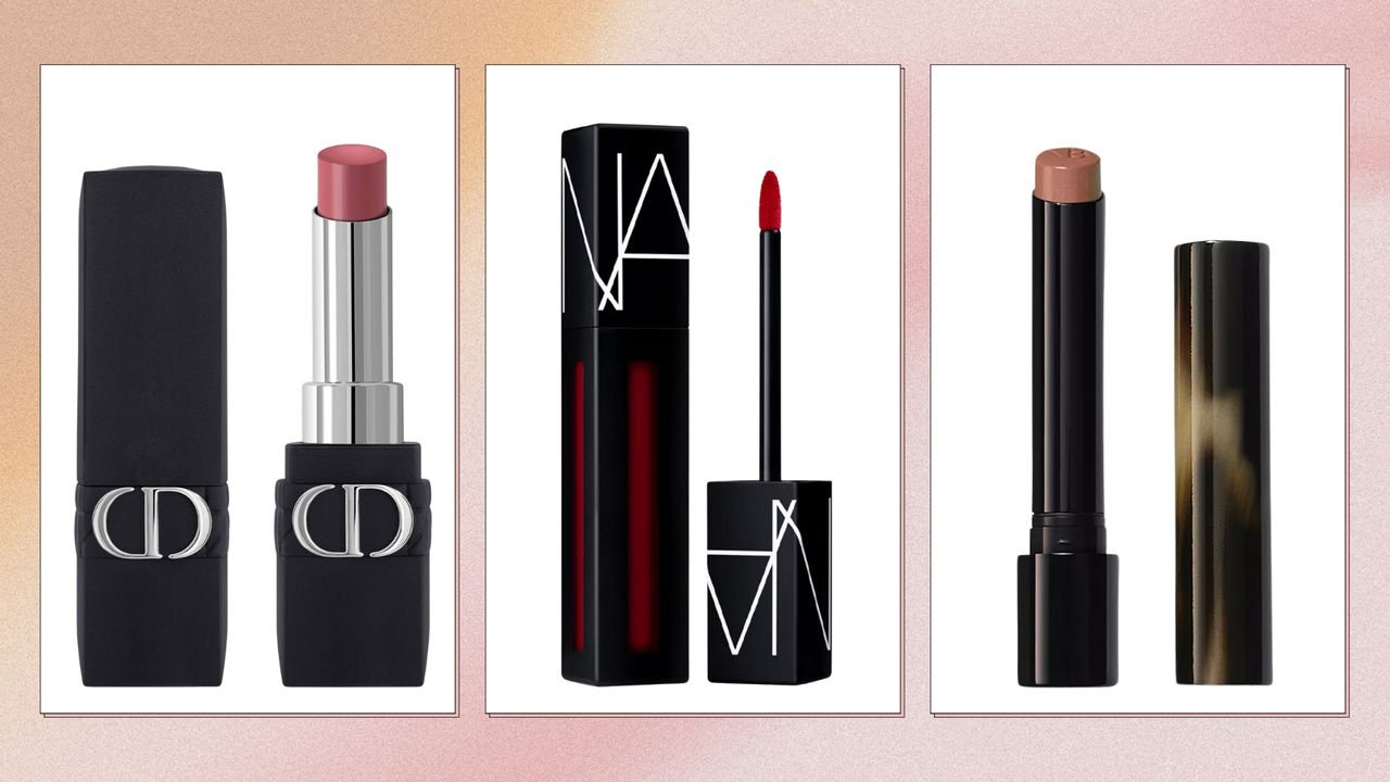 Collage of the best long-lasting lipsticks (L-R) Dior Rouge Dior Forever Lipstick, NARS Powermatte Liquid Lipstick, Victoria Beckham Beauty Posh Lipstick, on a pink watercolour background