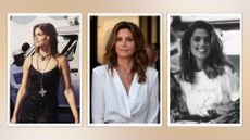 three images of Cindy Crawford attending different events across the years, on a purple watercolour background