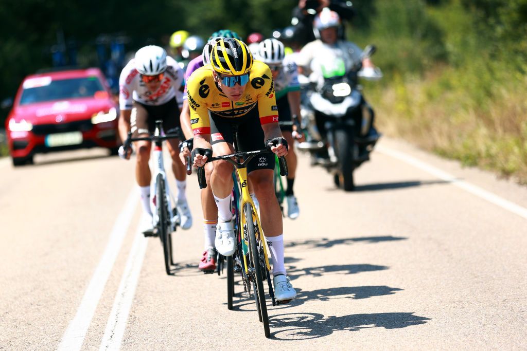 VILLARCAYO SPAIN AUGUST 04 Edoardo Affini of Italy and Jumbo Visma Team competes in the breakaway during the 44th Vuelta a Burgos 2022 Stage 3 a 156km stage from Quintana Martn Galndez to Villarcayo on August 04 2022 in Villarcayo Spain Photo by Gonzalo Arroyo MorenoGetty Images