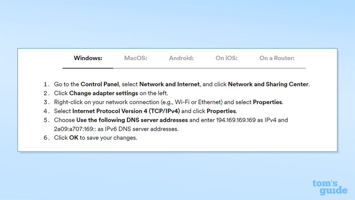 Screenshot from Surfshark's website detailing how to access Surfshark DNS on Windows