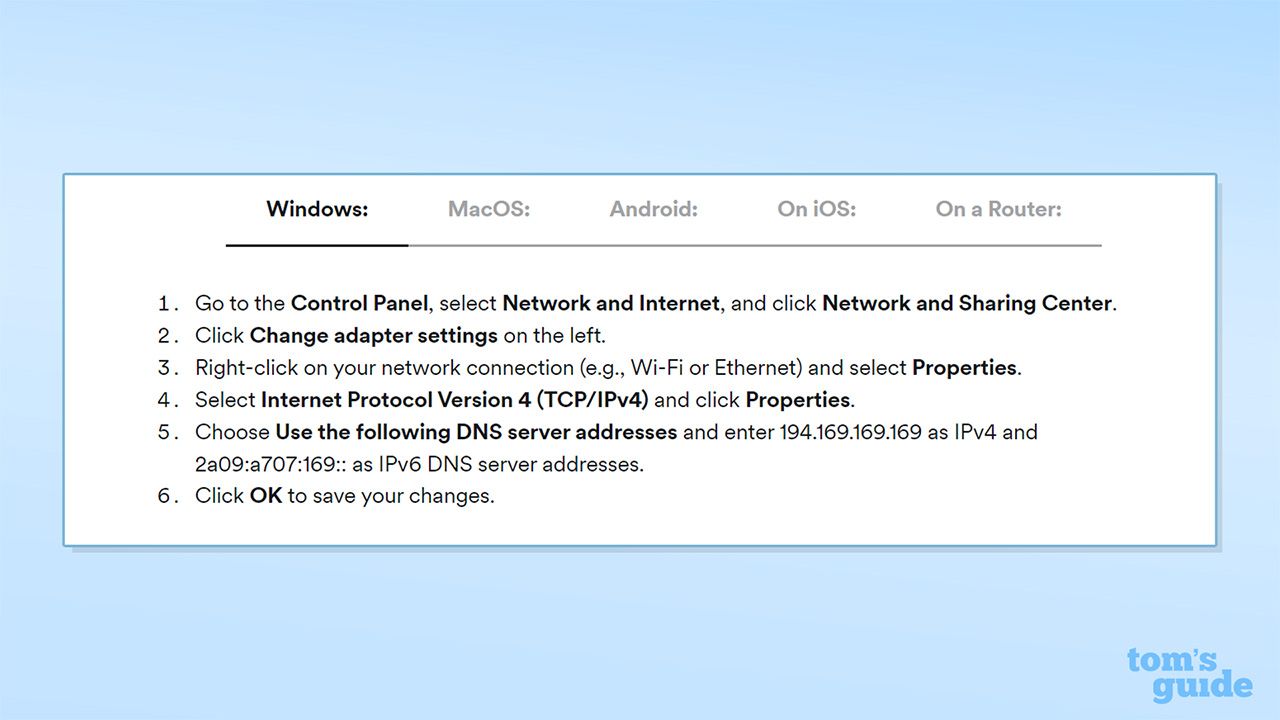 Screenshot from Surfshark's website detailing how to access Surfshark DNS on Windows