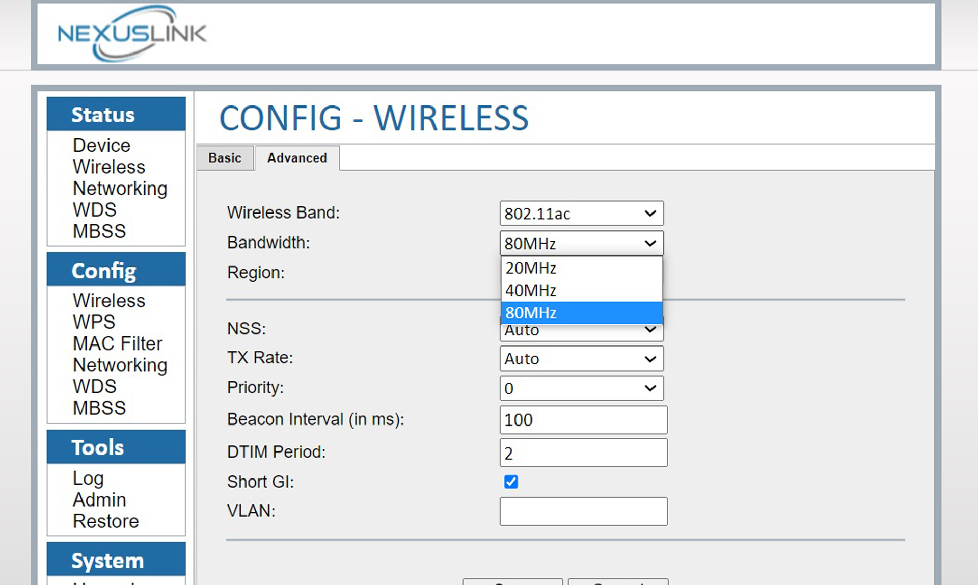 Screenshot of the NexusLink Wireless Gaming Bridge WB-1750 app