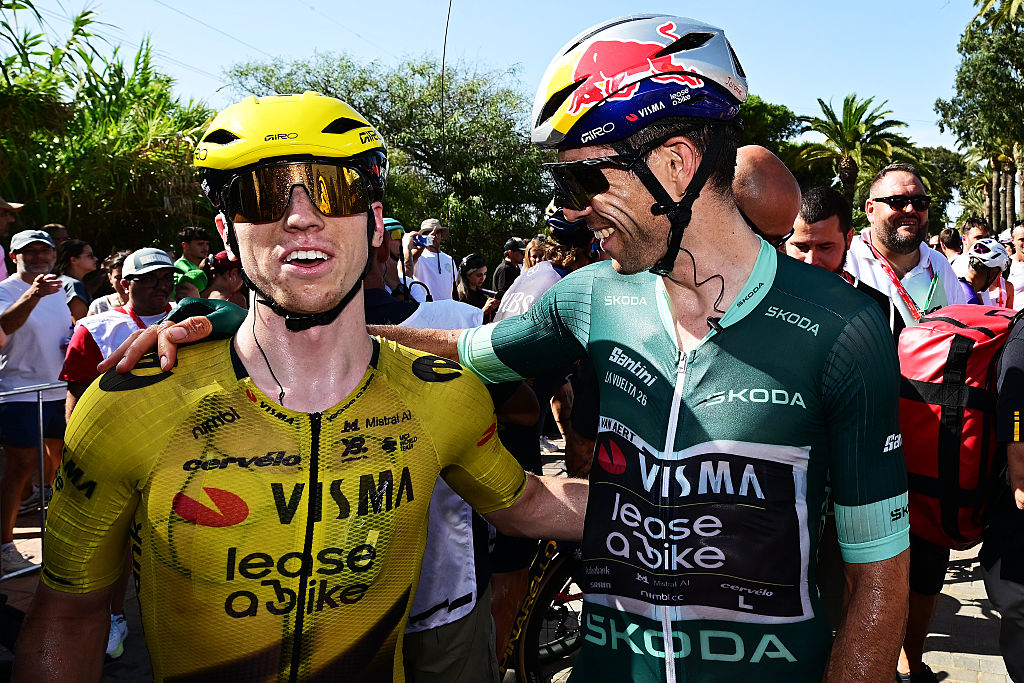 Matthew Brennan and Wout Van Aert (Visma-Lease a Bike) after stage 16 of the 2026 Vuelta a Espa&amp;ntilde;a in Palos de la Frontera, Spain. (Photo by Tim de Waele/Getty Images)