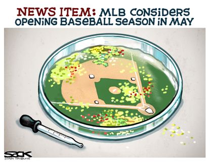Editorial Cartoon U.S. MLB considers reopening in May mistake virus season