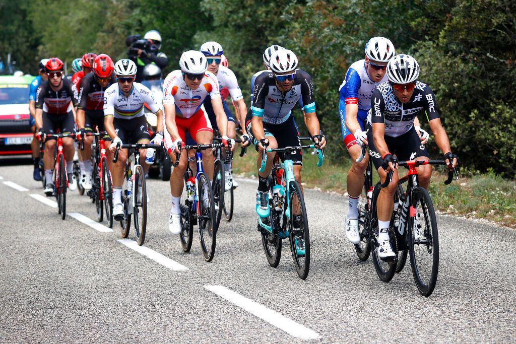 NMES FRANCE JULY 08 Edvald Boasson Hagen of Norway and Team TotalEnergies Luka Mezgec of Slovenia and Team BikeExchange Stefan Kng of Switzerland and Team Groupama FDJ Sergio Henao of Colombia and Team Qhubeka NextHash in the Breakaway during the 108th Tour de France 2021 Stage 12 a 1594km stage from SaintPaulTroisChateaux to Nimes LeTour TDF2021 on July 08 2021 in Nmes France Photo by Chris GraythenGetty Images