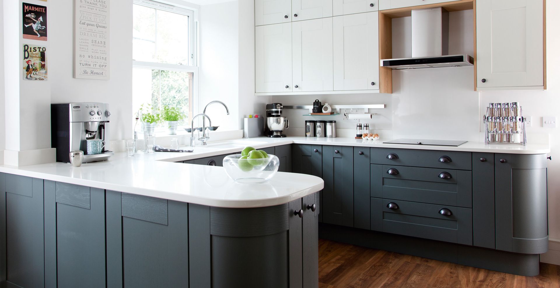 Clean navy and white kitchen after spring cleaning