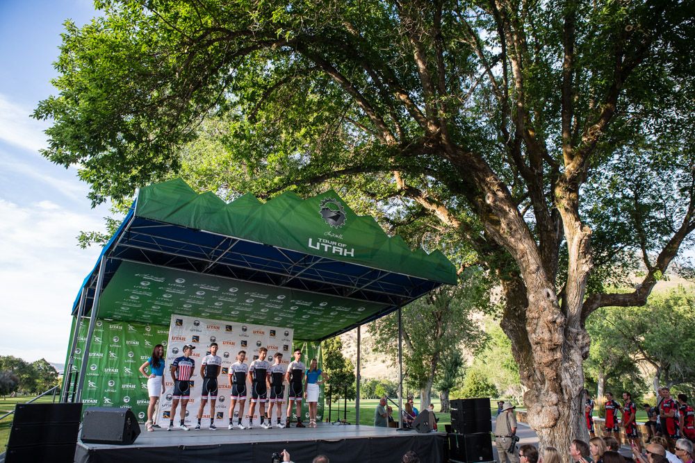 Riders from Trek and national champion Matt Busche are introduced.