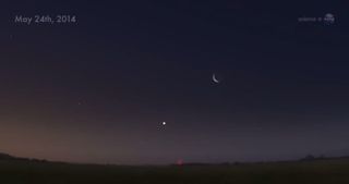 Venus and the moon will rise together at dawn in the eastern sky on Saturday, May 24, 2014, just hours after the conclusion of the anticipated Camelopardalid meteor shower.