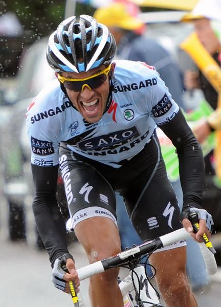 Three-time Tour de France champion Alberto Contador puts in a massive attack on the day's final climb.