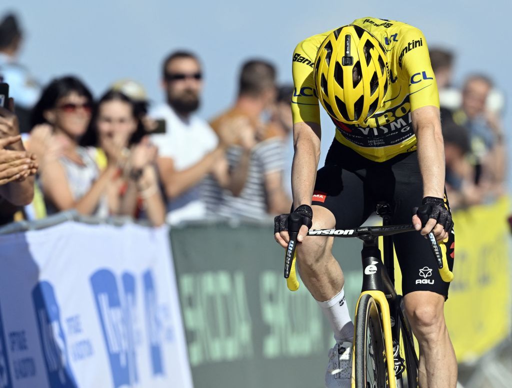 Danish Jonas Vingegaard of JumboVisma crosses the finish line of stage 9 of the Tour de France cycling race a 1824 km race from SaintLeonarddeNoblat to Puy de Dome France Sunday 09 July 2023 This years Tour de France takes place from 01 to 23 July 2023 BELGA PHOTO DIRK WAEM Photo by DIRK WAEM BELGA MAG Belga via AFP Photo by DIRK WAEMBELGA MAGAFP via Getty Images