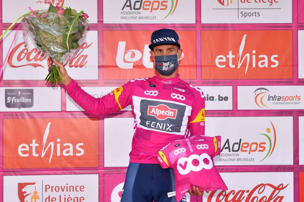 WAVRE BELGIUM AUGUST 17 Podium Dries De Bondt of Belgium and Team AlpecinFenix Pink Sprints Jersey Celebration Flowers Covid safety measures during the 41st Tour de Wallonie 2020 Stage 2 a 1723km stage from Frasnes Lez Anvaing to Wavre TourdeWallonie TRW2020 on August 17 2020 in Wavre Belgium Photo by Luc ClaessenGetty Images