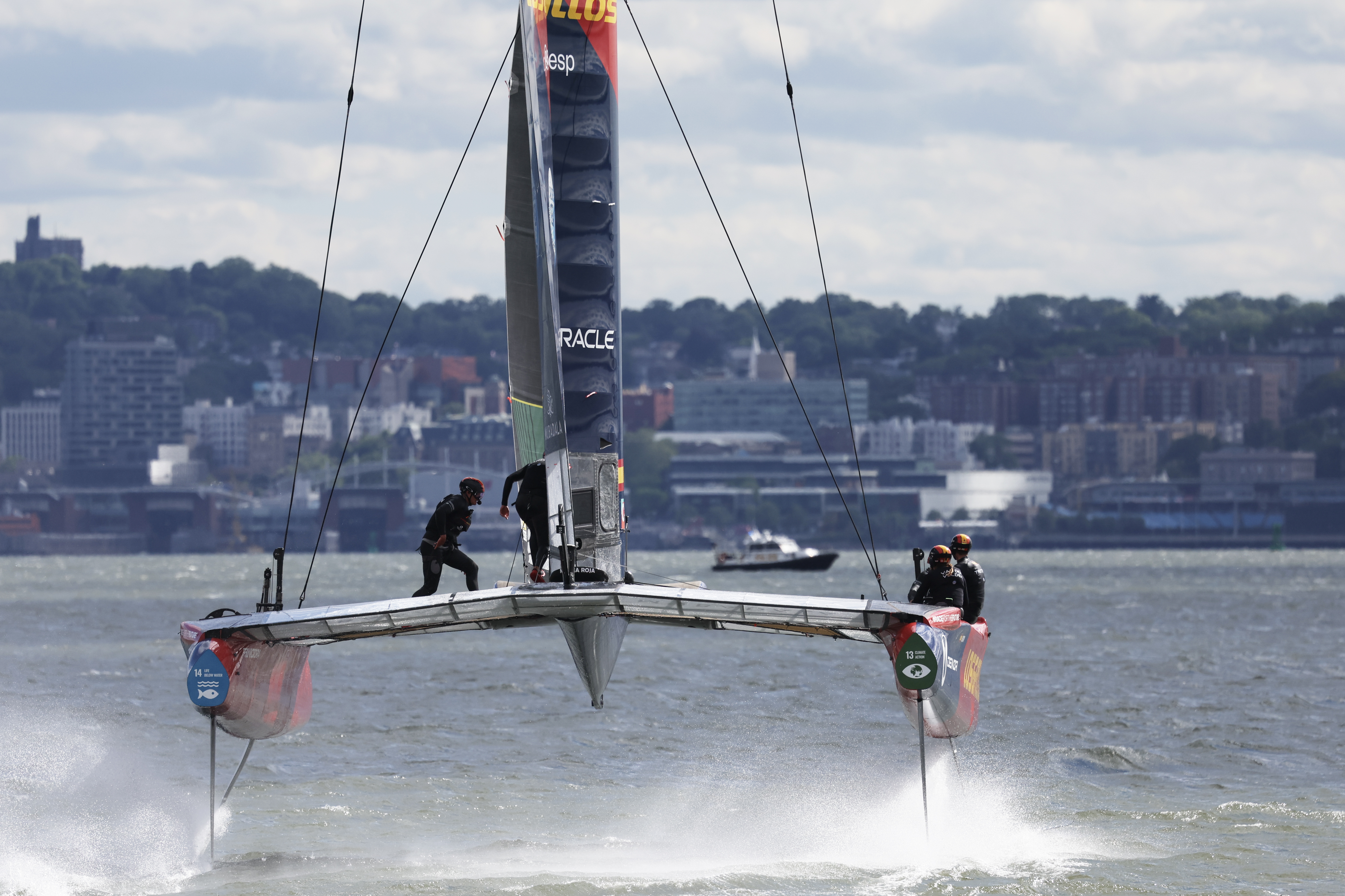 Team Spain competing during day one of competition of SailGP New York at Governors Island on May 30, 2026 in New York City.