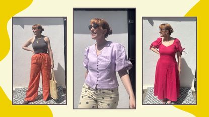 matilda wearing three outfits by mint velvet