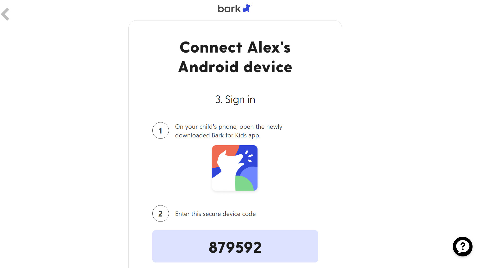Screenshot of Bark account providing device code for parental controls on Android phone