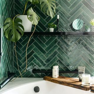 Green metro tiled wall in bathroom with houseplant on shelf and toiletries on bath board