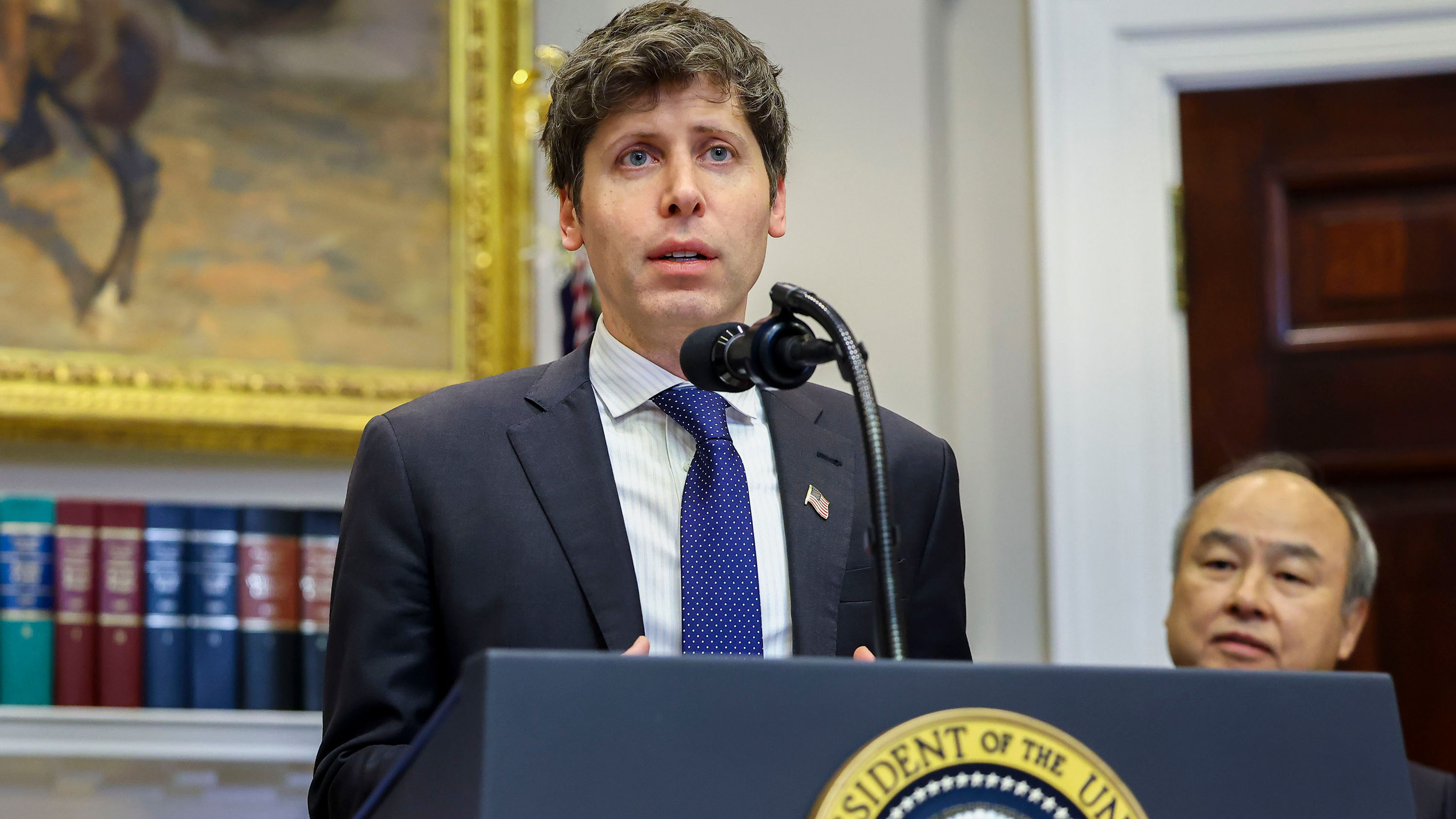 Sam Altman, chief executive officer of OpenAI Inc., speaks in the Roosevelt Room of the White House in Washington, DC, US, on Tuesday, Jan. 21, 2025.